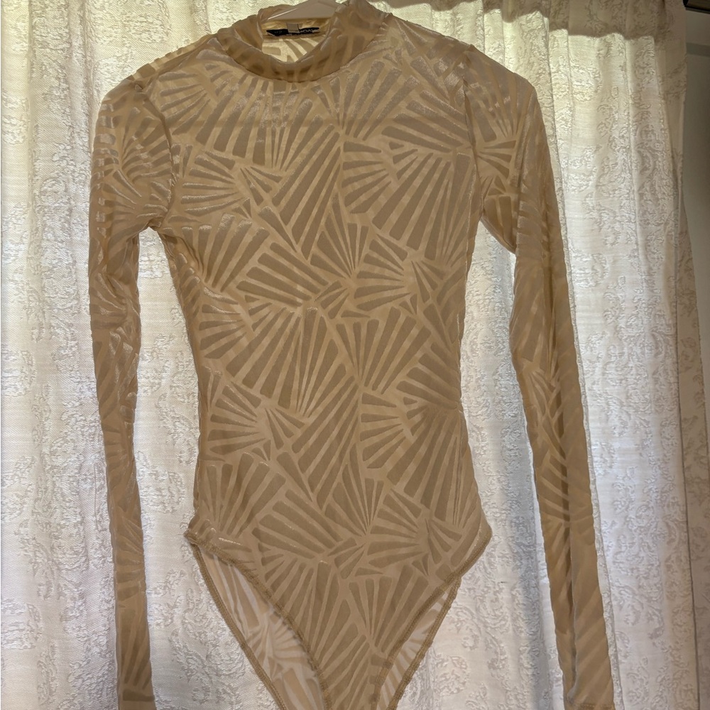 Beige Geometric Long Sleeve Bodysuit